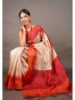 Shobitam - Beige and Red Tussar Temple Border Wrap In 1 Minute Saree with Unstitched Blouse