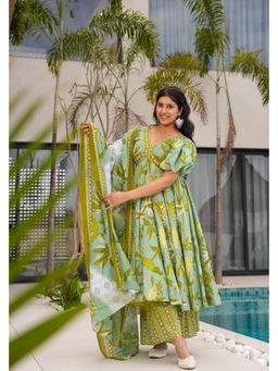 Idaho Clothing - Green Tropical Cotton Anarkali with Palazzo and Dupatta