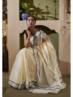 Shobitam - Kerala Kasavu Tissue Cotton Zari Border Wrap In 1 Minute Saree with Unstitched Blouse