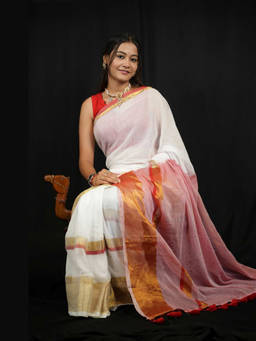 Shobitam - Mulmul Cotton Gold Zari Border Crimson Pallu Saree with Unstitched Blouse