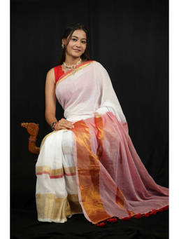 Shobitam - Mulmul Cotton White Predraped Saree With Unstitched Blouse