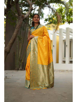 Shobitam - Kanjivaram Pon Panith Thendral Ornate Border One Minute Saree with Unstitched Blouse