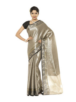 Banarasi Silk Works - Grey Kanchi Silk Zari Jamawar Border Saree with Unstitched Blouse