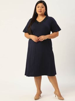 theRebelinme - Womens Navy Solid Color Glass Tassels A-line Midi Dress