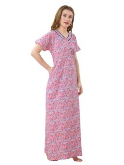 PIU - Front Open Plus Size Cotton Half Sleeves Floral Print Nighty - Pink Blue