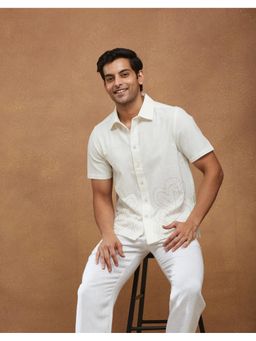 Fabindia - Off White Cotton Embroidered Bush Shirt