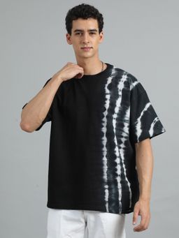 SILISOUL - Men Black Oversized Tie and Dye Knitted Pure Cotton T-Shirt