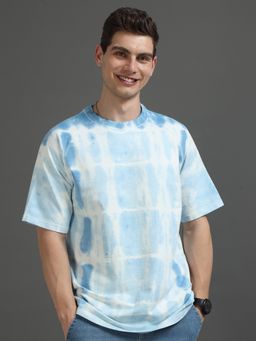 SILISOUL - Men Blue Oversized Tie and Dye Knitted Pure Cotton T-Shirt
