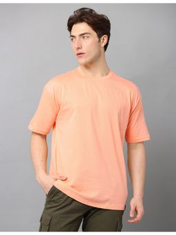 SILISOUL - Men Peach Oversized Solid Knitted Cotton T-Shirt