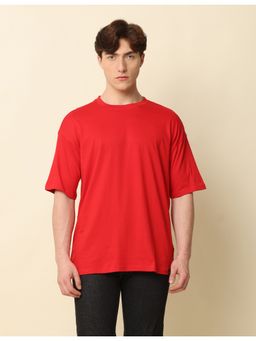 SILISOUL - Men Red Oversized Solid Knitted Cotton T-Shirt