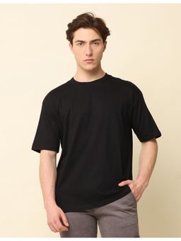 SILISOUL - Men Black Oversized Solid Knitted Cotton T-Shirt