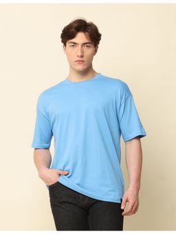 SILISOUL - Men Blue Oversized Solid Knitted Cotton T-Shirt