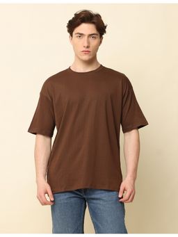 SILISOUL - Men Brown Oversized Solid Knitted Cotton T-Shirt