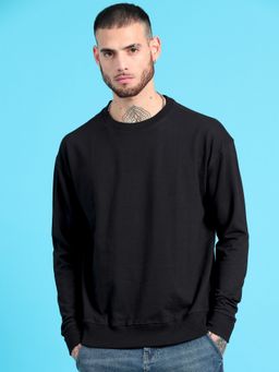 SILISOUL - Men Black Oversized Solid Knitted Pure Cotton T-Shirt