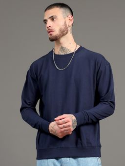 SILISOUL - Men Navy Blue Oversized Solid Knitted Pure Cotton T-Shirt