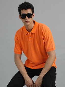 SILISOUL - Men Orange Oversized Textured Knitted Pure Cotton Polo T-Shirt
