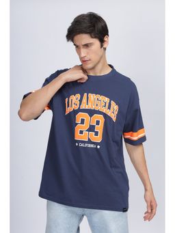 SILISOUL - Men Navy Blue Oversized Typography Knitted Pure Cotton T-Shirt