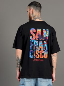 SILISOUL - Men Black Oversized Typography Knitted Cotton T-Shirt