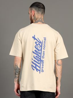 SILISOUL - Men Beige Oversized Typography Knitted Pure Cotton T-Shirt