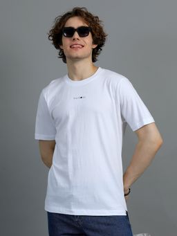 SILISOUL - Men White Regular Fit Typographic Knitted Cotton T-Shirt