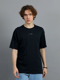 SILISOUL - Men Black Oversized Typographic Knitted Cotton T-Shirt