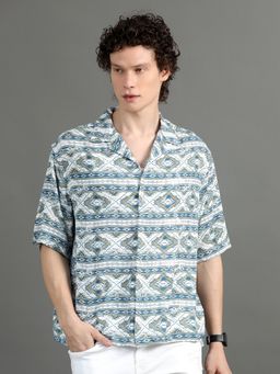 SILISOUL - Men Relaxed Fit Abstract Viscose Rayon White Shirt