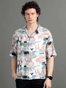 SILISOUL - Men White Abstract Viscose Rayon Shirt