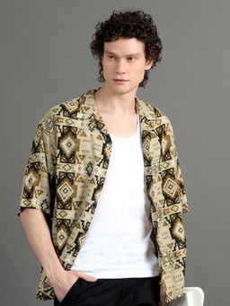SILISOUL - Men Beige Relaxed Fit Abstract Viscose Rayon Shirt
