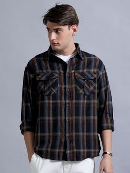SILISOUL - Men Navy Blue Relaxed Fit Checked Cotton Shirt