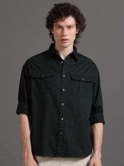SILISOUL - Men Olive Relaxed Fit Solid Cotton Shirt