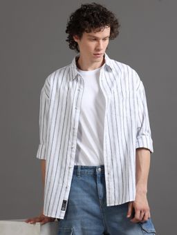 SILISOUL - Men White Relaxed Fit Striped Linen Blend Shirt