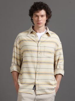 SILISOUL - Men Beige Relaxed Fit Striped Cotton Shirt