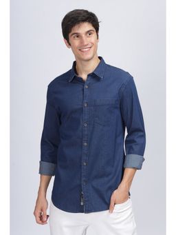 SILISOUL - Men Navy Blue Slim Fit Solid Denim Shirt