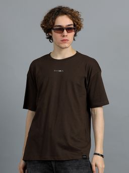 SILISOUL - Men Brown Oversized Typographic Knitted Cotton T-Shirt