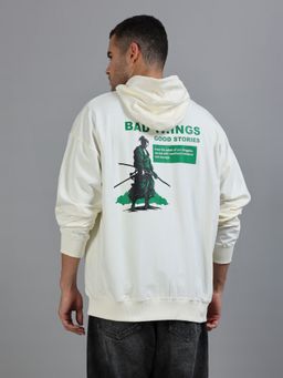 SILISOUL - Men Off White Oversized Fit Graphic Print Hoodie