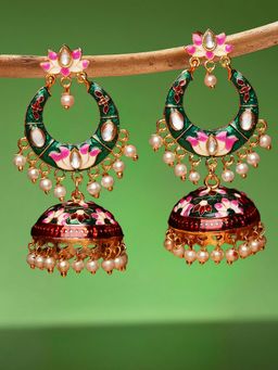 OOMPH - Red Maroon and Green Meenakari Enamel Floral Chandbali Jhumka Earrings