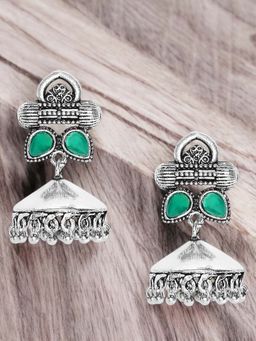 OOMPH - Oxidised Silver with Green Stone Dholki Design Large Jhumka Earrings
