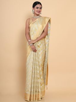 Mimosa - Women Traditional Kasavu Art Silk Beige Saree with Unstitched Blouse