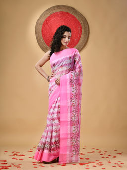 DESH BIDESH - Pink Pure Cotton Handloom Tant Madhabilata Floral Printed Saree