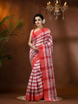 DESH BIDESH - Red Pure Cotton Handloom Tant Madhabilata Floral Printed Saree