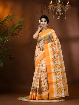 DESH BIDESH - Yellow Pure Cotton Handloom Tant Madhabilata Floral Printed Saree
