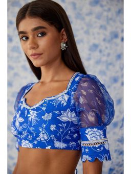 Baise Gaba - Blue Organza Floral Round Neck Puff Sleeves Blouse