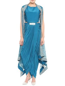 Soup by Sougat Paul - Blue Draped Dress with Belt and Cape