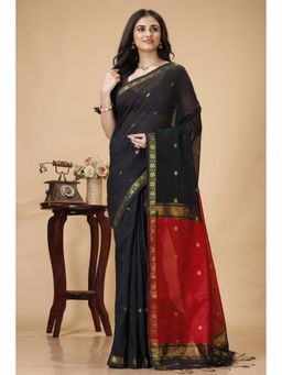 SLAGHA - Black Womens Ethnic Cotton Silk Saree with Unstitched Blouse