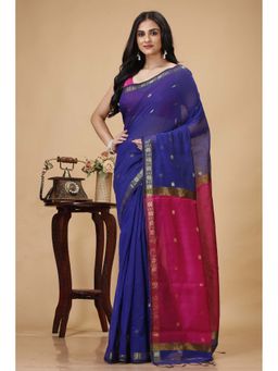 SLAGHA - Blue Womens Ethnic Cotton Silk Saree with Unstitched Blouse