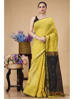 SLAGHA - Yellow Womens Ethnic Cotton Silk Saree with Unstitched Blouse