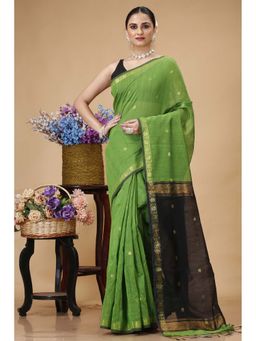 SLAGHA - Parrot Green Women Ethnic Cotton Silk Saree with Unstitched Blouse