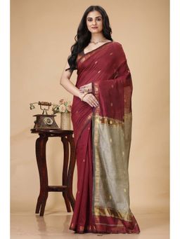 SLAGHA - Maroon Women's Ethnic Cotton Silk Saree with Unstitched Blouse