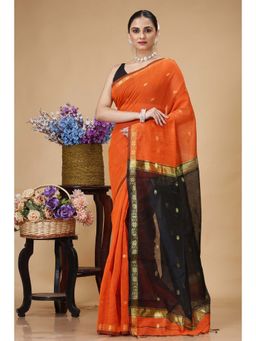 SLAGHA - Orange Women's Ethnic Cotton Silk Saree with Unstitched Blouse