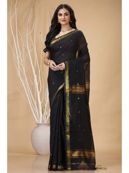 SLAGHA - Black Women's Ethnic Cotton Silk Saree with Unstitched Blouse